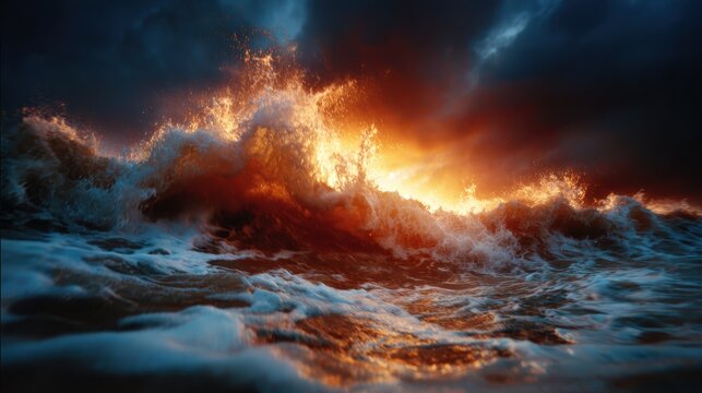 This breathtaking image captures the violent beauty of crashing waves illuminated by a brilliant sunset, showcasing the interplay of light and texture in nature's chaos.