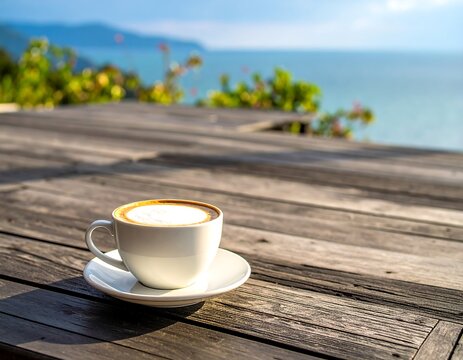 Morning cappuccino against ocean vista, a tranquil scene on weathered wood table on a bright day