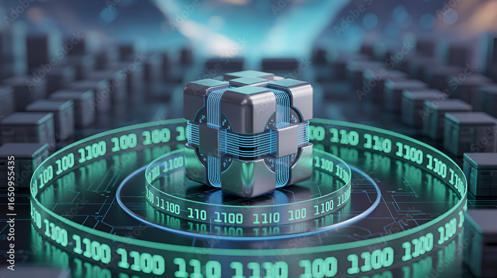 Poster complex digital cube surrounded by binary code, representing data and technology