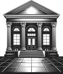 Bank building, classic architecture, vintage engraving style, marble columns, grand entrance, historical structure, illustrative design, exquisite details
