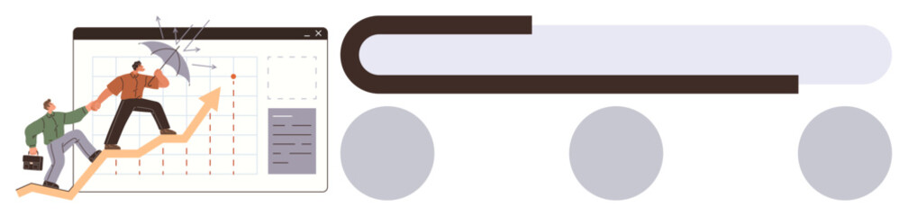 Two individuals climbing an upward graph line, symbolizing teamwork and leadership. Background includes a calendar interface and chart. Ideal for teamwork, growth, leadership, strategy, progress