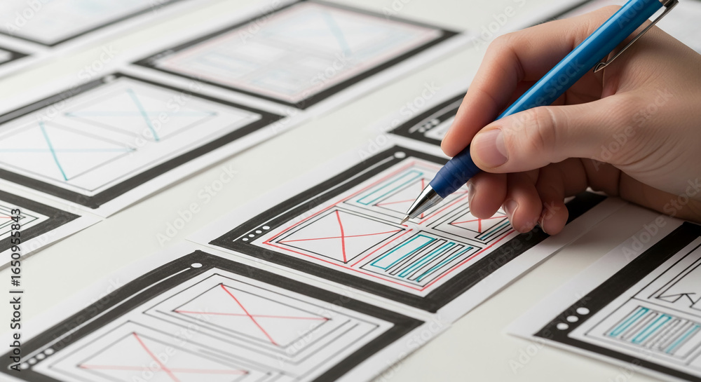 Poster hand sketching website layout on paper, showcasing website design process, representing creativity a