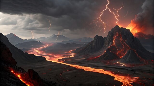 A dramatic landscape featuring a volcanic eruption with rivers of lava flowing down the mountain, illuminated by lightning strikes under a stormy sky, showcasing the raw power of nature - Powered by Adobe