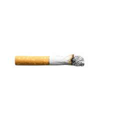 Cigarette butt is on a white background with a lot of ash and smoke