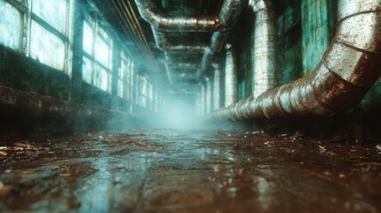A view of an eerie abandoned warehouse hallway, featuring rusty pipes and a foggy atmosphere, evoking feelings of nostalgia and mystery in a decaying industrial setting.