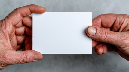 Two hands gently holding a blank card, symbolizing communication and connection, ready for sharing thoughts, messages, or artistic creativity in a minimalist approach.
