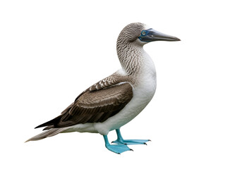 Realistic illustration of a brown and white pelican bird with a large bill and light blue feet set