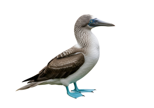 Realistic illustration of a brown and white pelican bird with a large bill and light blue feet set