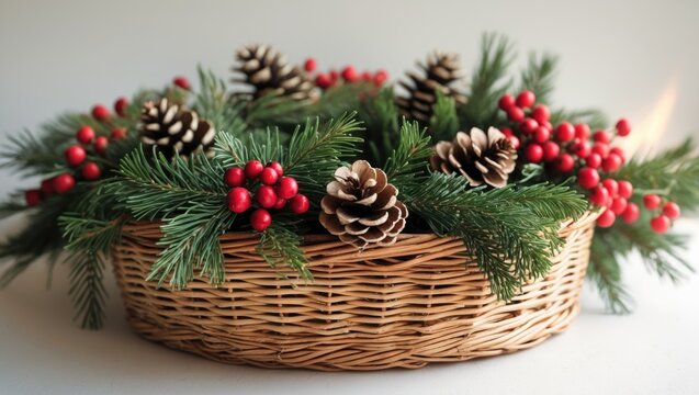 A festive holiday arrangement with pine branches, pinecones, and red berries in a wicker basket. Christmas decoration, seasonal, and natural elements.