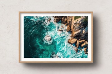 Aerial view of turquoise waves crashing on rocky coastline