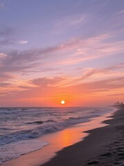 As the sun dips toward the horizon, painting the sky in a symphony of fiery oranges, soft pinks, and deepening purples