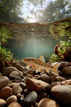 A barbon fish swimming among smooth river stones in a shallow stream with slow-flowing water