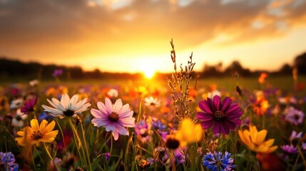 A vibrant field of wildflowers swaying under a golden sunset