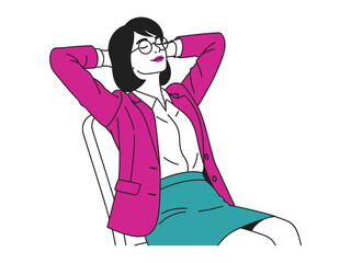 Relaxation and Contentment: An illustration portrays a relaxed figure in professional attire, exuding tranquility and composure. The individual sits with hands clasped behind their head, eyes closed.