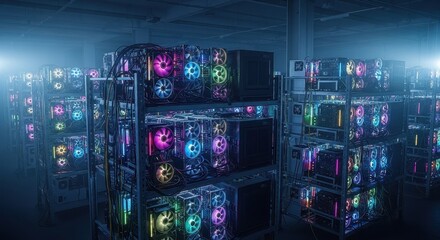 Crypto Mining Farm Rigs with Colorful Lights