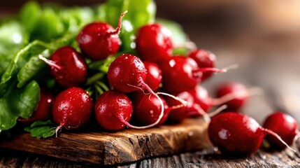 A vibrant display of fresh organic radishes resting on a rustic wooden board, highlighting the beauty of natural produce in a delightful and appetizing manner.