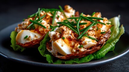 A plate of exquisite egg salad garnished with fresh chives, beautifully served on a bed of crisp lettuce leaves, providing a delightful mix of taste and presentation.