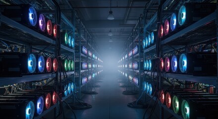 Bitcoin Mining Farm With Rows of Computer Servers