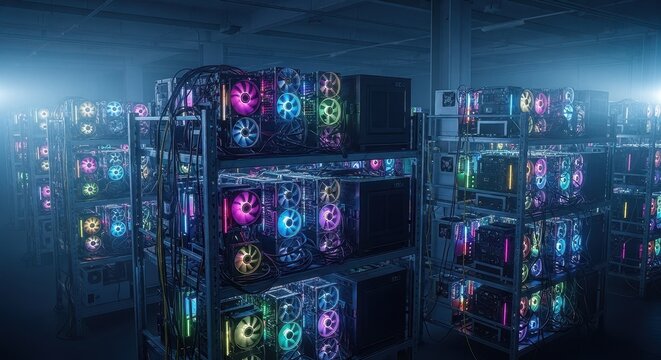 Crypto Mining Farm Rigs with Colorful Lights