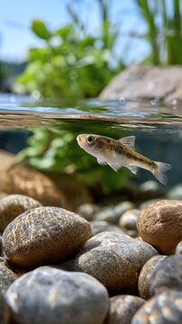 A barbon fish swimming among smooth river stones in a shallow stream with slow-flowing water