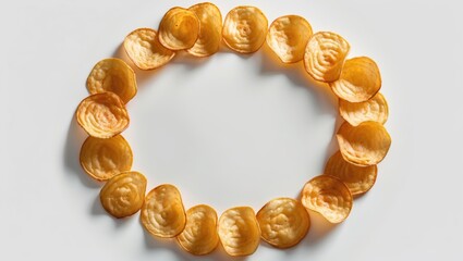 Obraz premium Golden pastry shells arranged in a circle on a white background.