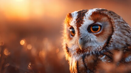 A stunning close-up photograph of an owl with mesmerizing amber eyes, set against a warm sunset background, highlighting the beauty and mystery of avian wildlife.