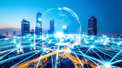 Futuristic Cityscape with Global Network Connection and Skyscrapers