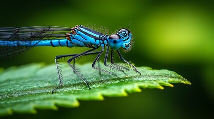Close-up macro shot of vibrant blue damselfly resting on green leaf, with complex striped body, prominent eyes and delicate wings, sharp focus, soft blurred green background, natural light highlightin