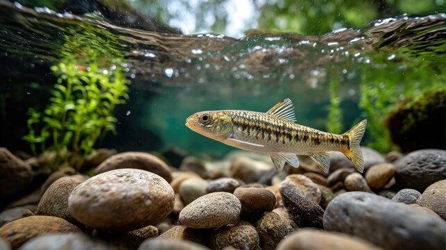 A barbon fish swimming among smooth river stones in a shallow stream with slow-flowing water