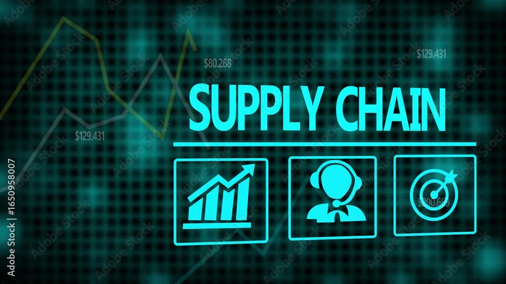 Poster supply chain business concept on a flashing computer monitor with moving graphs and data.