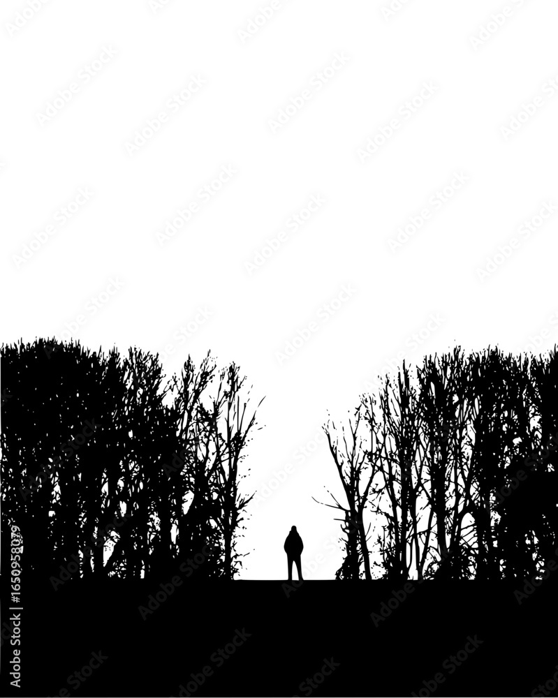 Poster vector art of silhouette of a man in a forest landscape dark and mysterious scene with trees and a p