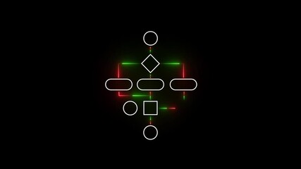 Block diagram concept, analysis scheme, logical, algorithm, flow chart drawing animation on black background.