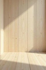 Sunlit Wooden Room Interior Clean, Minimalist Background with Natural Light and Warm Wood Texture