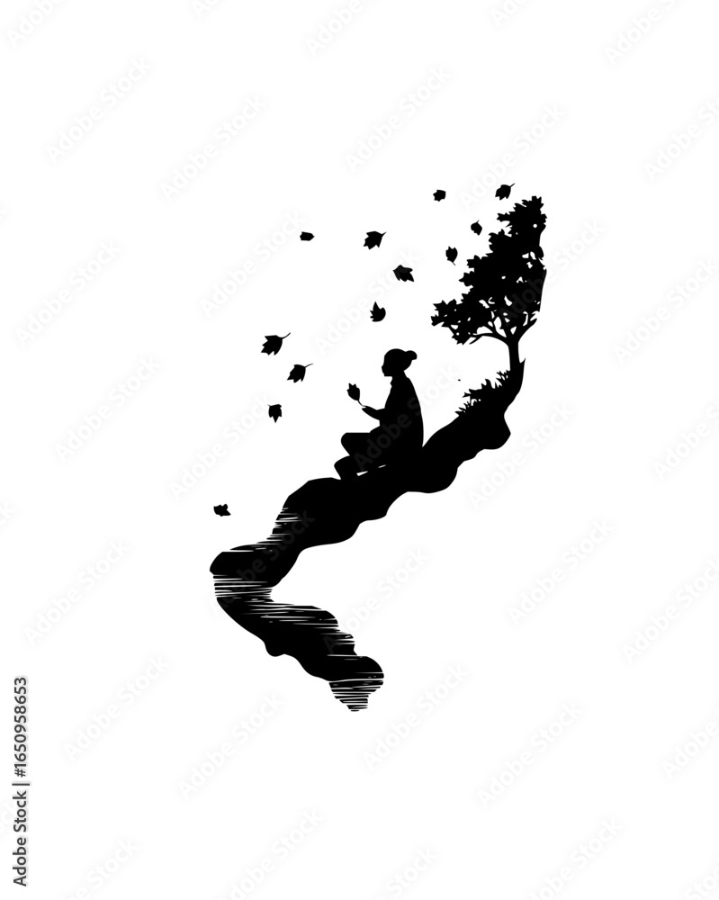Poster vector art of silhouette of a man meditating under a tree with leaves blowing in the wind, creating 