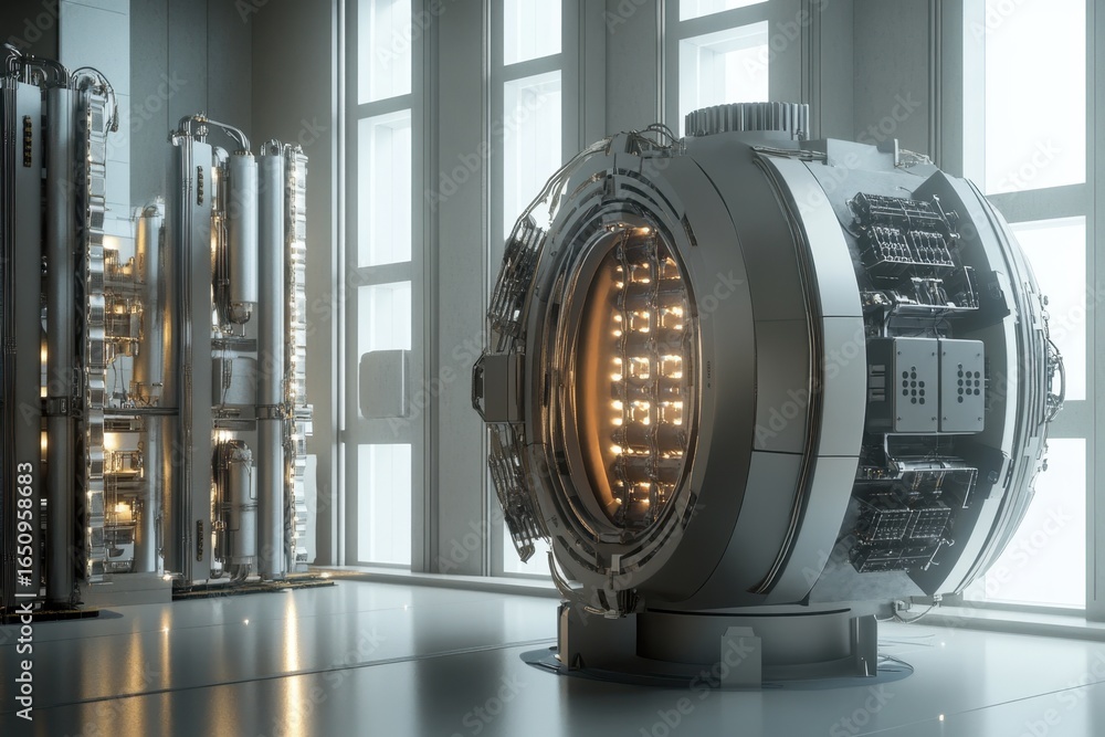 Poster advanced energy core in a futuristic laboratory setting with high-tech equipment