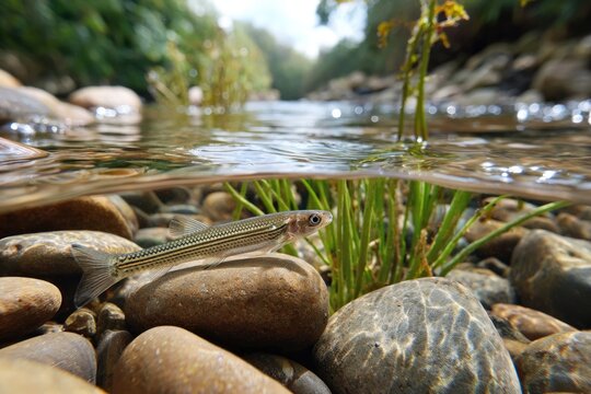 A barbon fish swimming among smooth river stones in a shallow stream with slow-flowing water