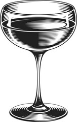 Cocktail glass, vintage engraved illustration of a coup, elegant drinkware for classic celebrations, bar or event decoration