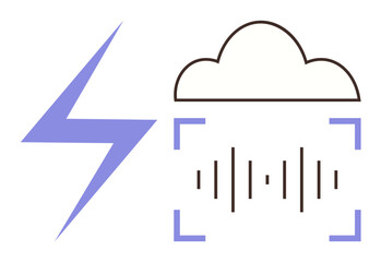 Lightning bolt alongside cloud with soundwave signal framed by brackets. Ideal for speed, cloud service, data, audio tech, innovation, connectivity, efficiency. Modern simple flat metaphor