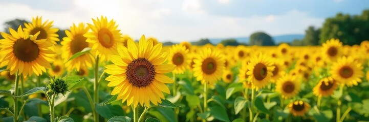Fototapeta premium Sunflowers Swaying in Summer Breeze A Breathtaking Rural Landscape of Vibrant Yellow Blossoms Heavy with Seeds
