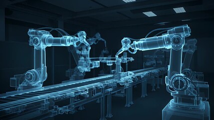 Futuristic Factory with Blue Holographic Robotic Arms on Conveyor Belt Dark Industrial Interior with Abstract Technology and Automation - Powered by Adobe