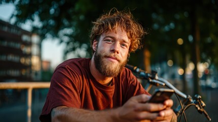 A young man relaxedly sits with his bicycle while checking his smartphone, embodying modern lifestyle and the fusion of technology with everyday life amid an urban backdrop.