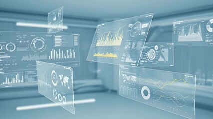 Futuristic Transparent Data Screens Displaying Charts And Diagrams in a Bright Modern Room with White and Blue Tones - Powered by Adobe