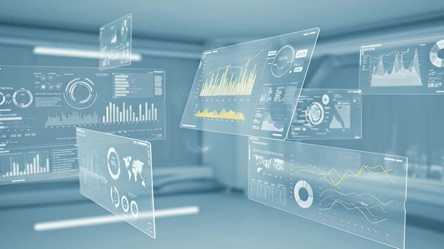 Futuristic Transparent Data Screens Displaying Charts And Diagrams in a Bright Modern Room with White and Blue Tones