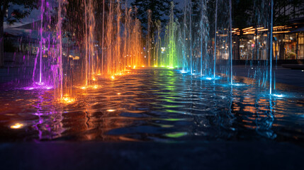 A ground level view of a water fountain with colorful lights at night time scene
