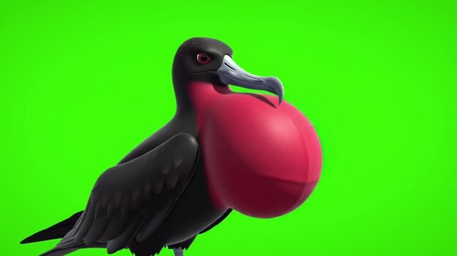 3D render of a magnificent frigatebird with its inflated red gular pouch on a green screen background for chroma keying.