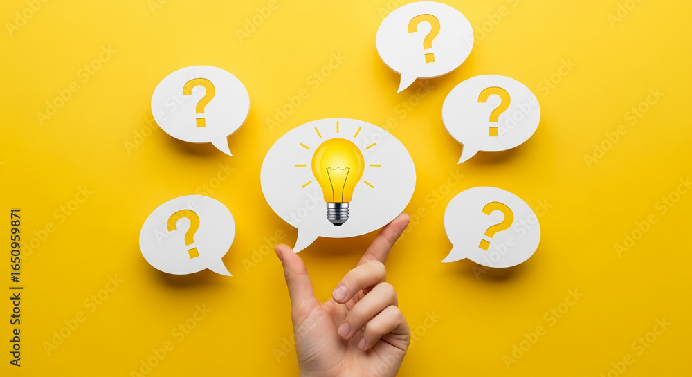 Poster hand holding illuminated bulb amidst question mark speech bubbles on yellow background, symbolizing 