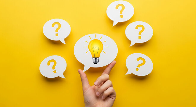 Hand holding illuminated bulb amidst question mark speech bubbles on yellow background, symbolizing problem-solving, idea generation, and finding answers