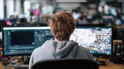 Person with messy hair is focused on work, managing two monitors efficiently. Suitable for illustrating productivity, multitasking, and technology use.