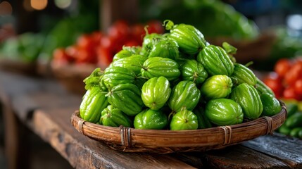 A vibrant arrangement of green vegetables in a rustic basket showcases the freshness of nature&rsquo;s bounty, perfect for emphasizing healthy eating and local markets.