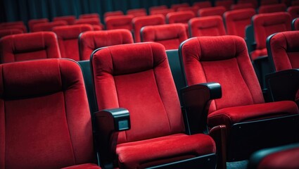 Obraz premium Empty theater with red seats arranged in rows.